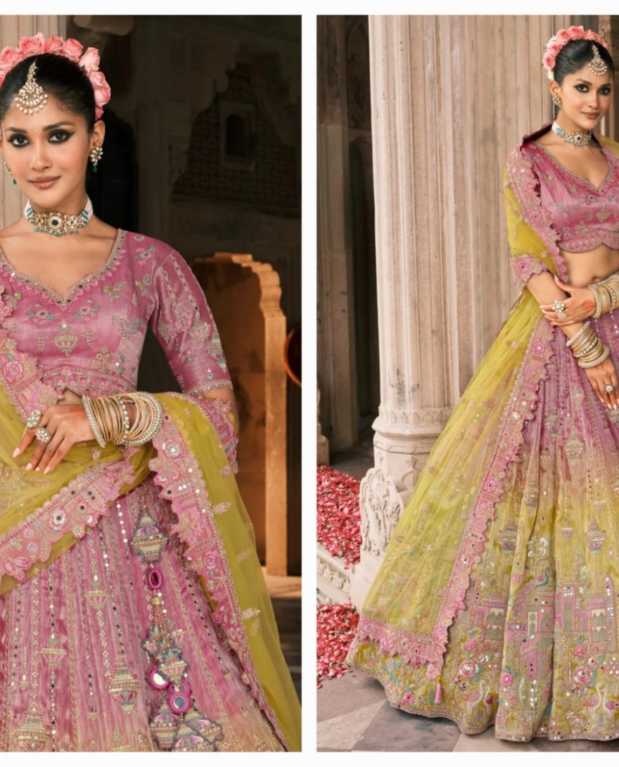 YELLOW - Sunshine Yellow & Pink Fancy Silk Lehenga Choli With Cut Work Embroidery Border & Stone Work